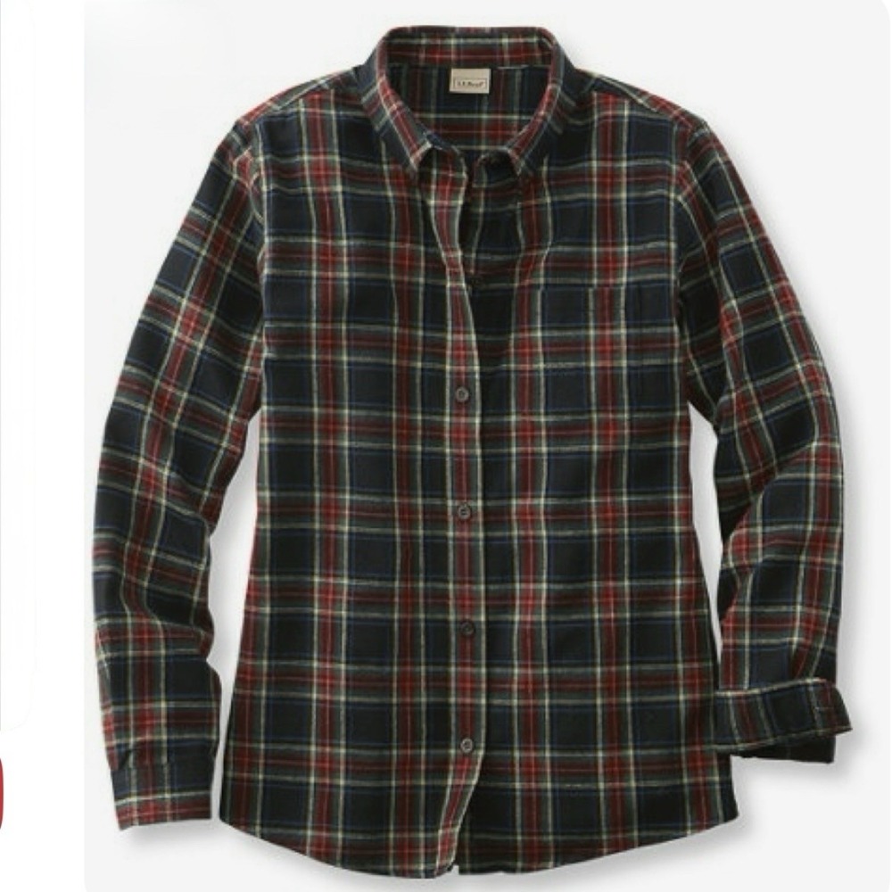 LL Bean Black Red Scotch Plaid Flannel Button Up Shirt Size LARGE